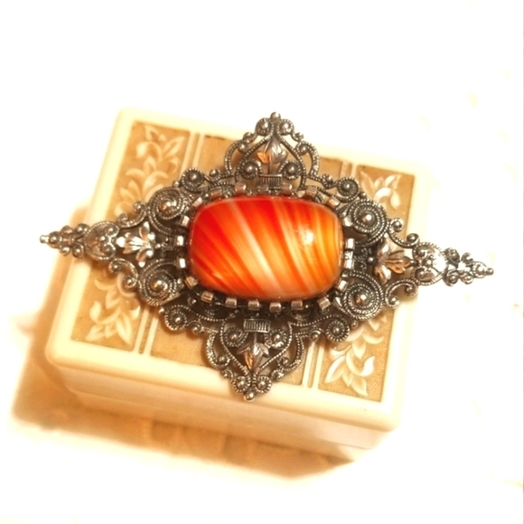 Antique Jewelry - 𝅺1930s Rare Porphyry Glass Cut Steel Filigree Brooch